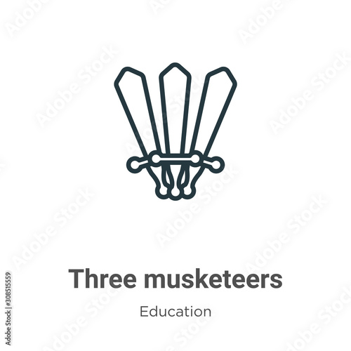 Three musketeers outline vector icon. Thin line black three musketeers icon, flat vector simple element illustration from editable literature concept isolated on white background