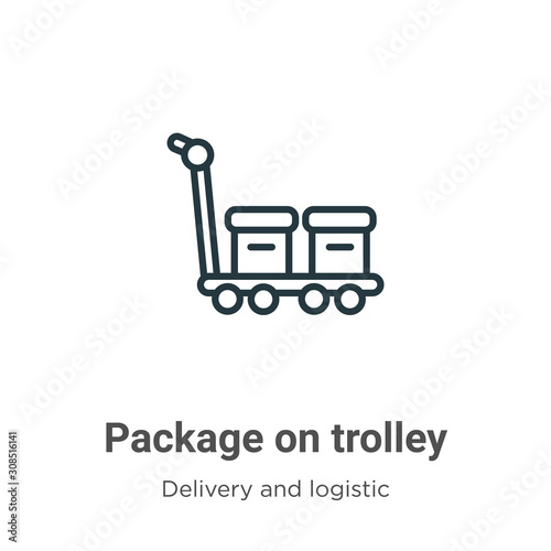 Package on trolley outline vector icon. Thin line black package on trolley icon, flat vector simple element illustration from editable delivery and logistics concept isolated on white background