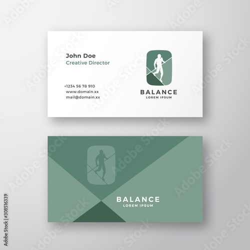 Balance Abstract Vector Sign or Logo and Business Card Template. Negative Space Equilibrist or a Tightrope Walker Sign with Typography. Premium Stationary Realistic Mock Up.