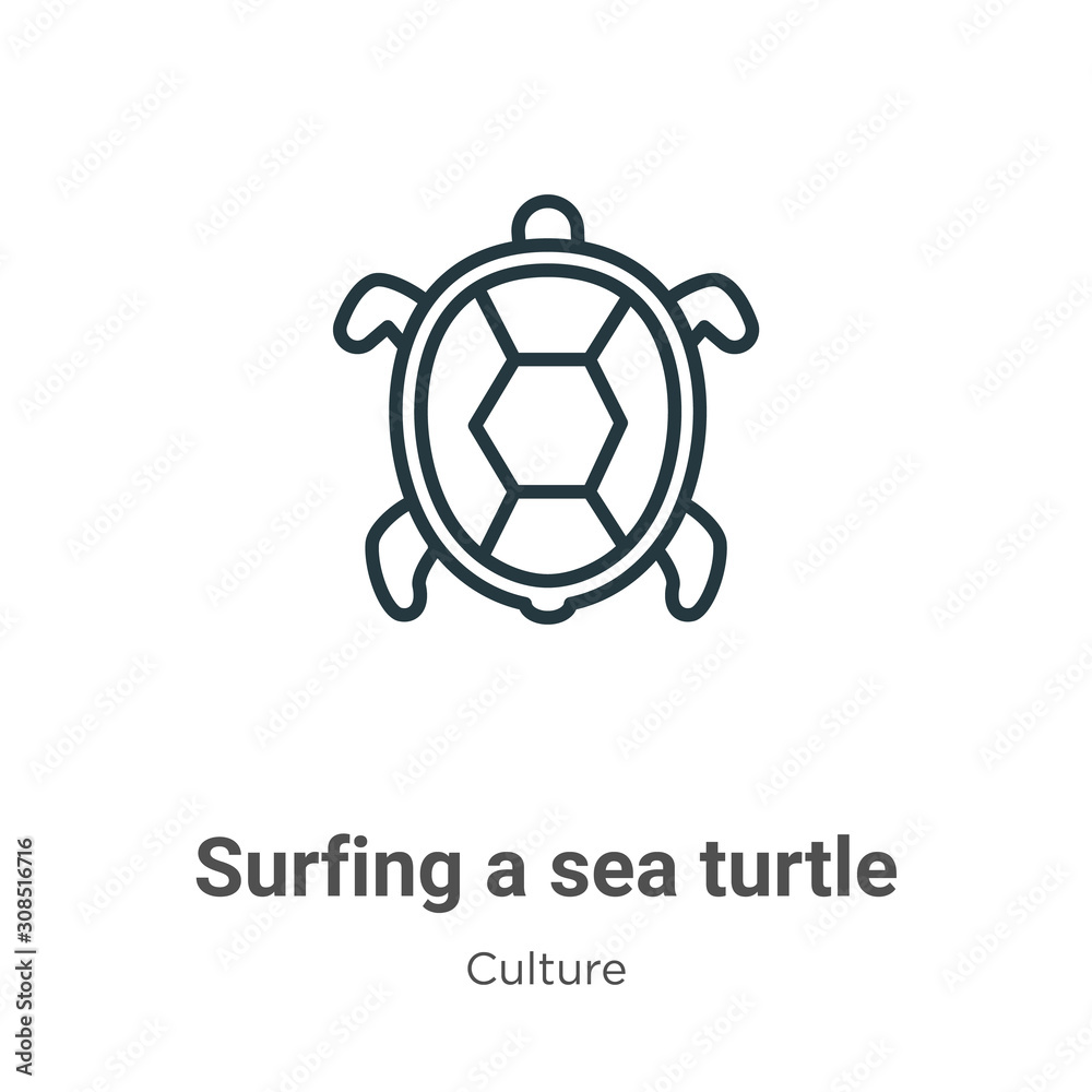 Fototapeta premium Surfing a sea turtle outline vector icon. Thin line black surfing a sea turtle icon, flat vector simple element illustration from editable culture concept isolated on white background
