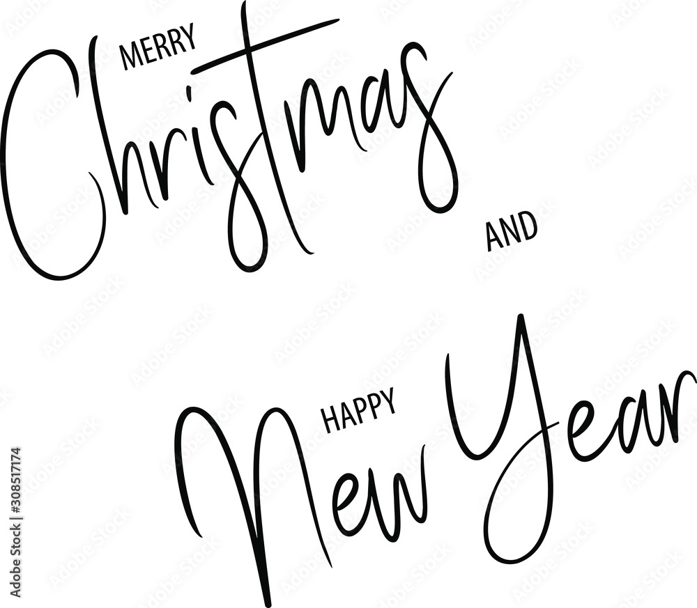 Merry Christmas and Happy New Year black text. Vector template. Design element for gift, invitation and greetings card, prints, web pages, poster and template Merry Christmas and Happy New Year black text. Vector template. Design element for gift, invitation and greetings card, prints, web pages, poster and template