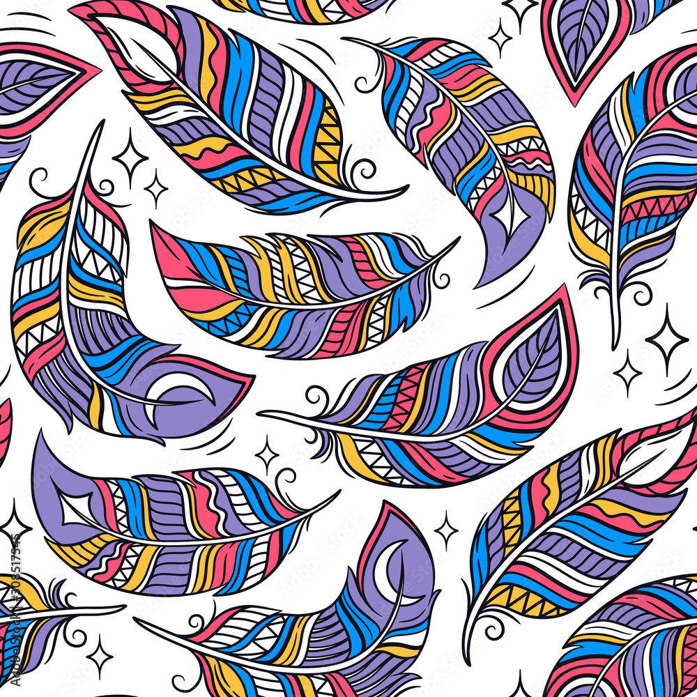 Vector seamless pattern with colored abstract feathers. Hand draw cartoon illustration. Freehand doodles.