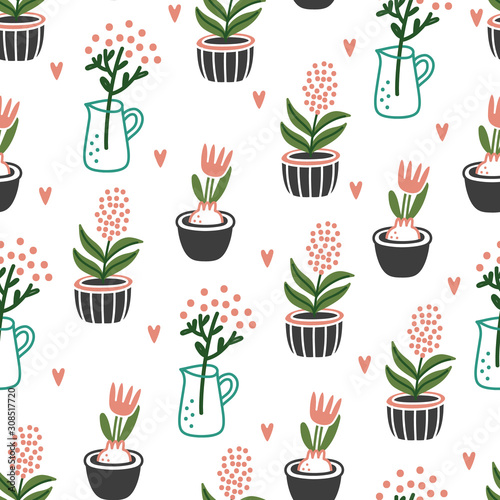 Cute Flowers in pots on white background. House plants. Seamless background pattern. Vector illustration for textile print, wallpaper, wrapping paper.