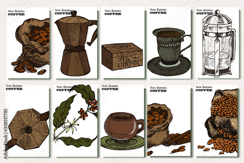 Coffee illustration set. Hand drawn vector banner. Beans, bag, cup, coffee machine,