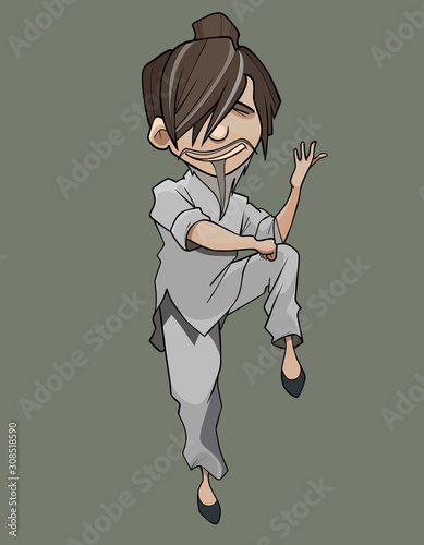 cartoon man doing wushu exercise standing on one leg