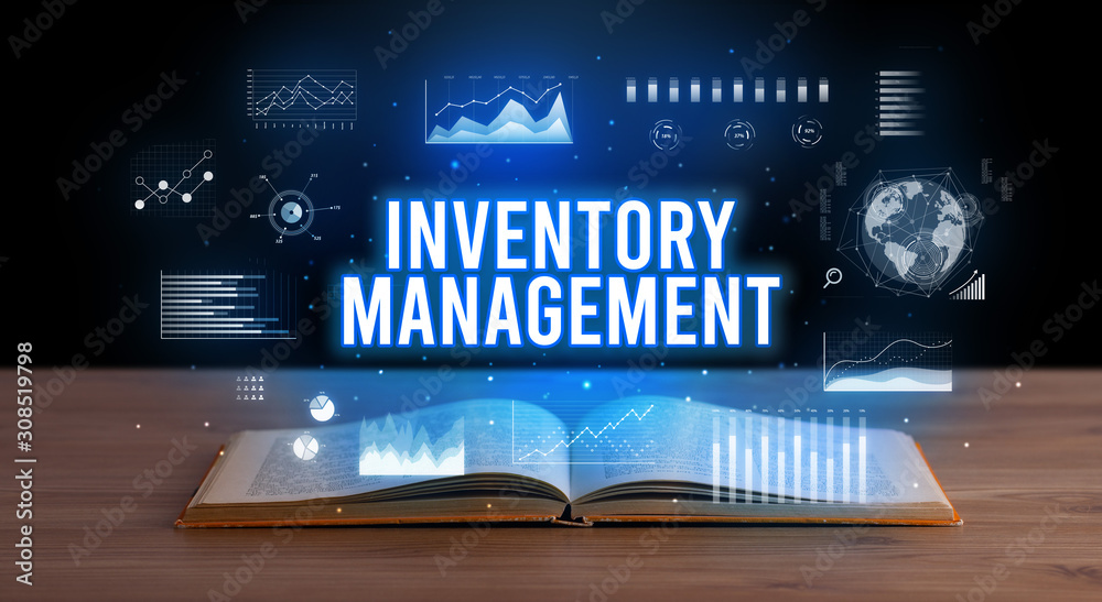 INVENTORY MANAGEMENT inscription coming out from an open book, creative business concept