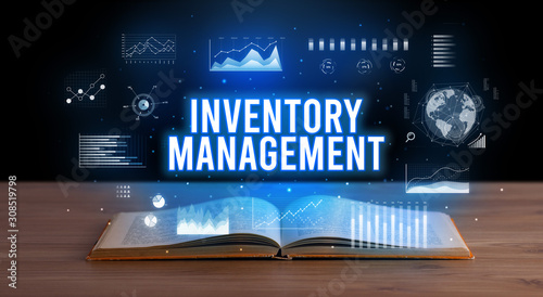 INVENTORY MANAGEMENT inscription coming out from an open book, creative business concept