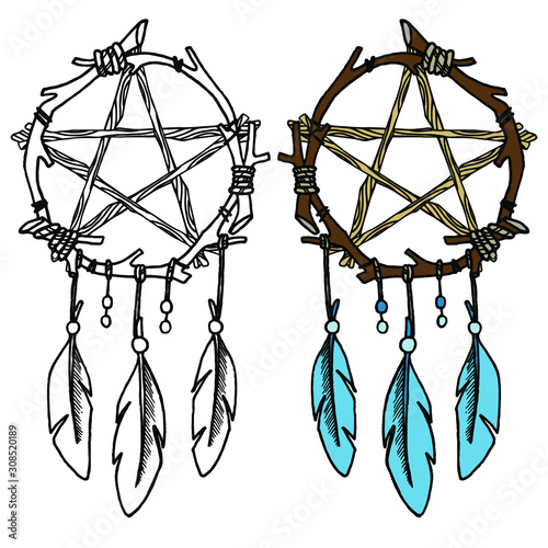 Abstract vector pentagram sign. Dream catcher from branches with blue feathers and beads. Black line and color drawing. Stock illustration. Coloring book for adults.