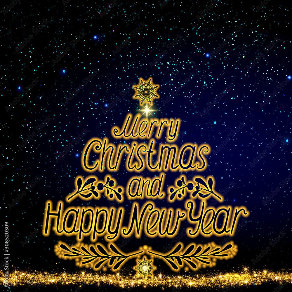 Merry Christmas background with golden fir tree and star sky.