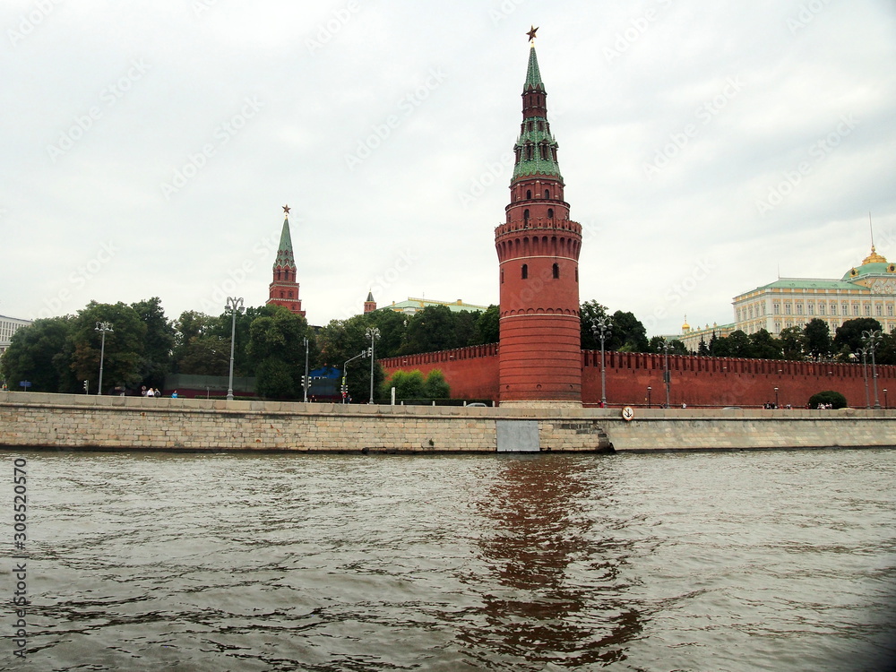 Walls and towers of the Moscow Kremlin. View from the Moscow river.