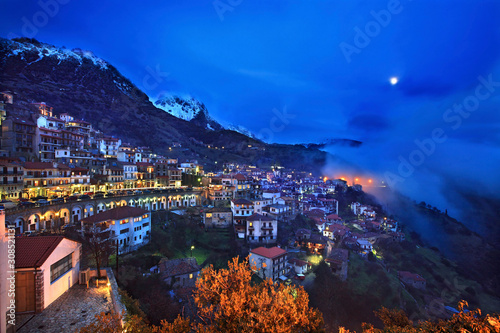 Night view of Arachova, the most popular winter resort in Greece, Mount Parnassos, Viotia (or 