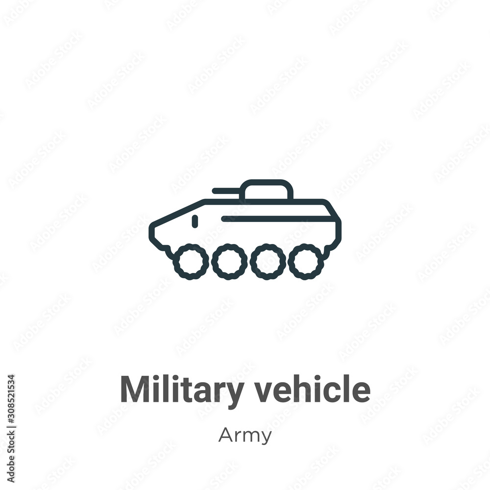 Obraz premium Military vehicle outline vector icon. Thin line black military vehicle icon, flat vector simple element illustration from editable army concept isolated on white background
