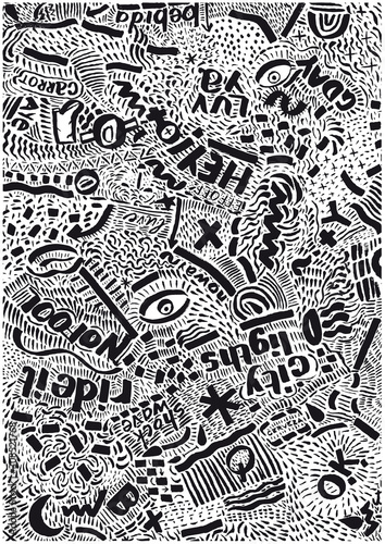 Typographic graffiti-style, calligraphic expressionist art print, poster, card, mural, decor. Hand pop lettering, doodle, type pattern. Hidden message, buzzwords, illustration elements eye, lips, star