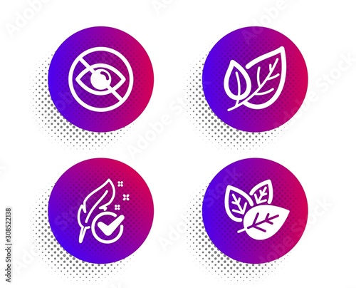 Hypoallergenic tested  Not looking and Leaf icons simple set. Halftone dots button. Organic tested sign. Feather  Eye care  Ecology. Bio ingredients. Healthcare set. Vector