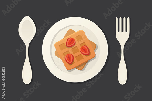 Breakfast Belgian waffles and jam vector illustration in cartoon style top view.