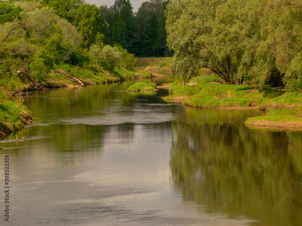 summer landscape with river, green trees on shore and clouds, beautiful glare