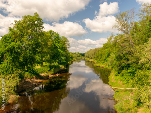 summer landscape with river  green trees on shore and clouds  beautiful glare