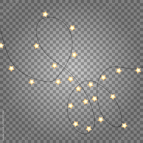 Christmas lights decorations isolated on transparent background. Gold light garlands with stars realistic flatlay. Golden Xmas decor top view. Festive design element