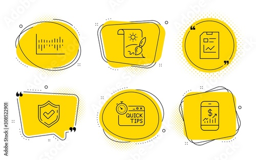 Report document, Creative painting and Mobile finance signs. Chat bubbles. Quick tips, Confirmed and Column diagram line icons set. Helpful tricks, Accepted message, Sale statistics. Vector