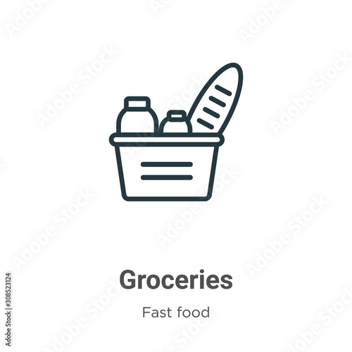 Groceries outline vector icon. Thin line black groceries icon, flat vector simple element illustration from editable fast food concept isolated on white background