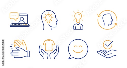 Education, Face id and Idea head line icons set. Clapping hands, Friends chat and Smile chat signs. Hold t-shirt, Approved symbols. Human idea, Identification system. People set. Vector