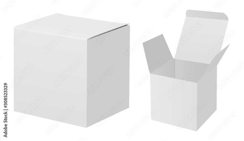White box mockup. 3d rectangle carton package set. Square cardboard vector  container design. Open paper qube pack mock up for cosmetic product. Retail  open and closed paper pack for gift Stock Vector