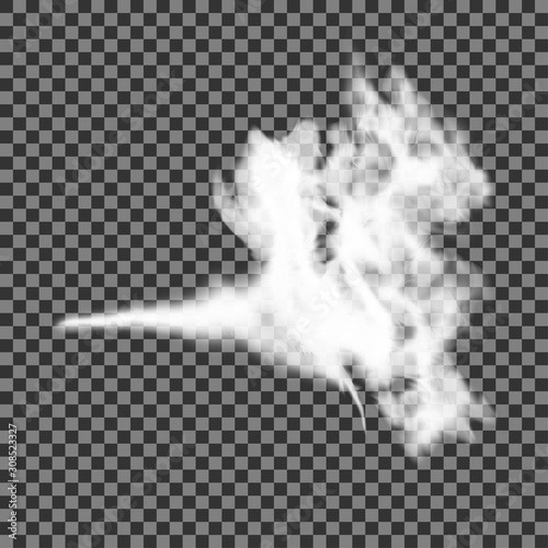 Smoke isolated on transparent background. Realistic electronic vapour cloud effect design. Abstract spray haze splash. Cigarette smog vector graphic element. White spooky steam wave