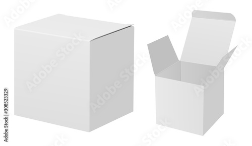 White box mockup. 3d rectangle carton package set. Square cardboard vector container design. Open paper qube pack mock up for cosmetic product. Retail open and closed paper pack for gift