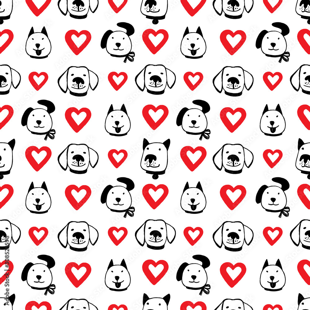 Ink hand drawn seamless pattern with hearts and funny dog faces Ink hand drawn seamless pattern with hearts and funny dog faces