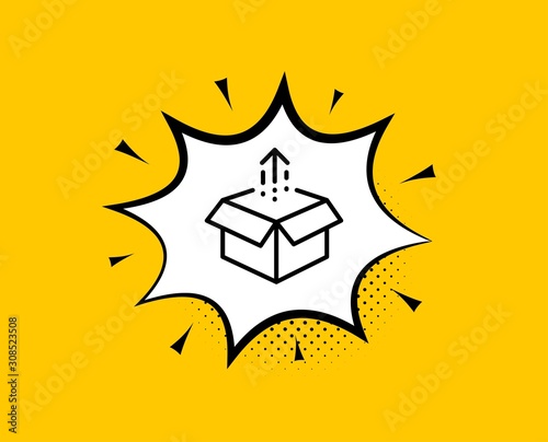 Send box line icon. Comic speech bubble. Open delivery parcel sign. Cargo package symbol. Yellow background with chat bubble. Send box icon. Colorful banner. Vector