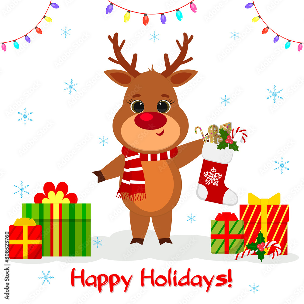 Postcard Merry Christmas and Happy New Year 2020. Cute reindeer in a scarf holds a sock with sweets on a background of snowflakes, a garland and a box with gifts. Cartoon style, Vector