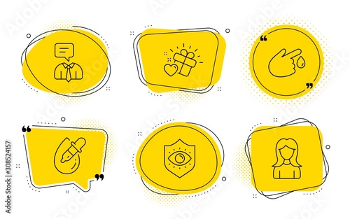 Support service, Eye protection and Woman signs. Chat bubbles. Eye drops, Love gift and Blood donation line icons set. Pipette, Heart, Injury. Human talking. People set. Line eye drops icon. Vector