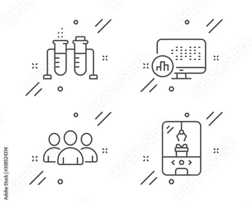 Chemistry beaker, Group and Report statistics line icons set. Crane claw machine sign. Laboratory flask, Group of users, Graph chart. Attraction park. Line chemistry beaker outline icon. Vector