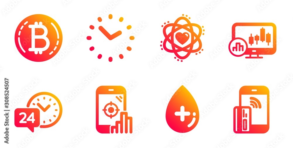 Seo phone, Time and Bitcoin line icons set. Oil serum, 24h service and Atom signs. Candlestick chart, Contactless payment symbols. Search engine, Clock. Technology set. Vector