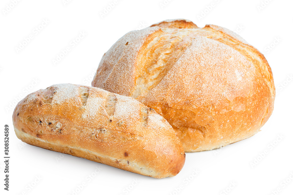 Fresh loaf and a big of bread isolated on white background, close up.