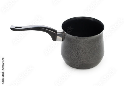 Black metal coffee maker, turk with plastic handle, isolated on a white background