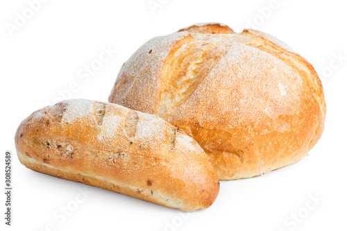 Fresh loaf and a big of bread isolated on white background, close up.