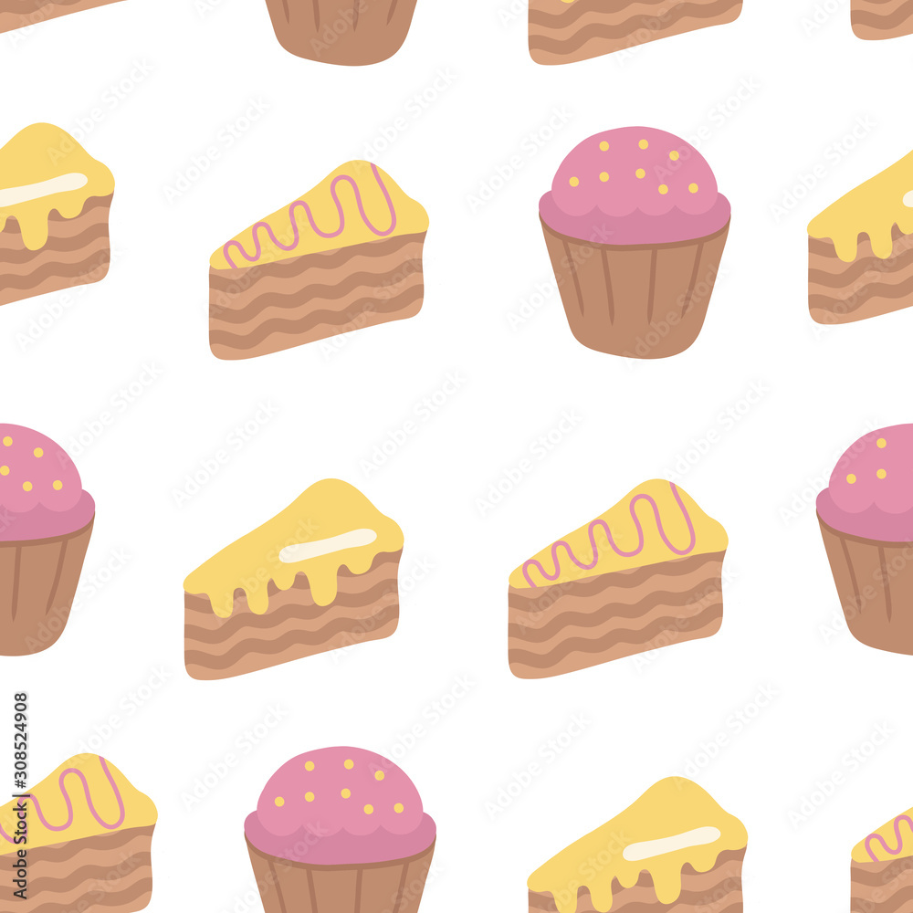 Cupcakes and cakes seamless pattern.Delicious desserts. Pink and yellow.Hand drawn illustration.