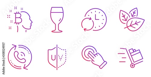 Bitcoin think  Touchscreen gesture and Organic tested line icons set. Update time  Call center and Beer glass signs. Uv protection  Push cart symbols. Cryptocurrency head  Click hand. Vector