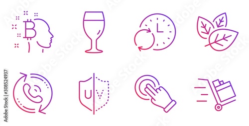 Bitcoin think, Touchscreen gesture and Organic tested line icons set. Update time, Call center and Beer glass signs. Uv protection, Push cart symbols. Cryptocurrency head, Click hand. Vector