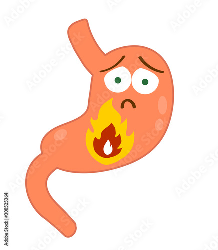 Stomach on a white background. Heartburn. Cartoon. Vector illustration.