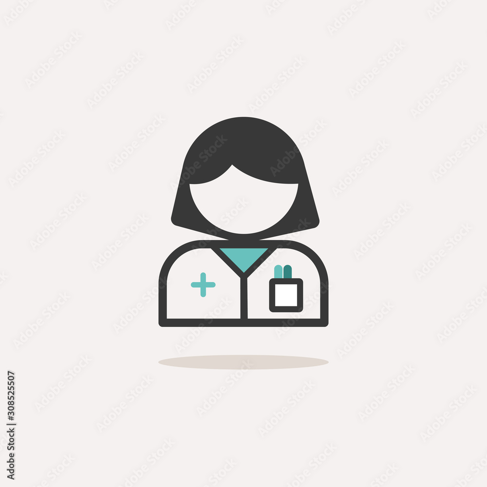 Pharmacist woman. Icon with shadow on a beige background. Pharmacy vector illustration Pharmacist woman. Icon with shadow on a beige background. Pharmacy vector illustration