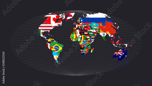 World map with flags of each country. Aitoff projection. Map of the world with meridians on dark background. Vector illustration.
