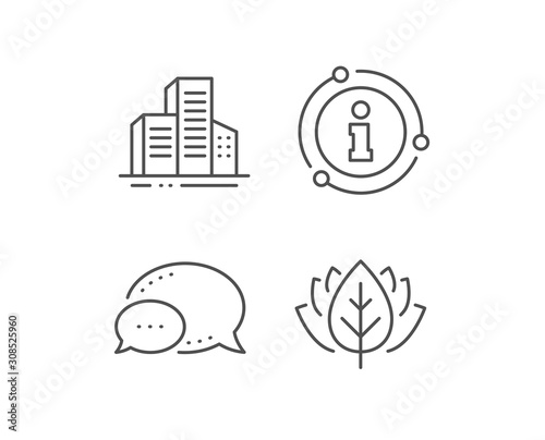 Buildings line icon. Chat bubble, info sign elements. City architecture sign. Skyscraper building symbol. Linear buildings outline icon. Information bubble. Vector
