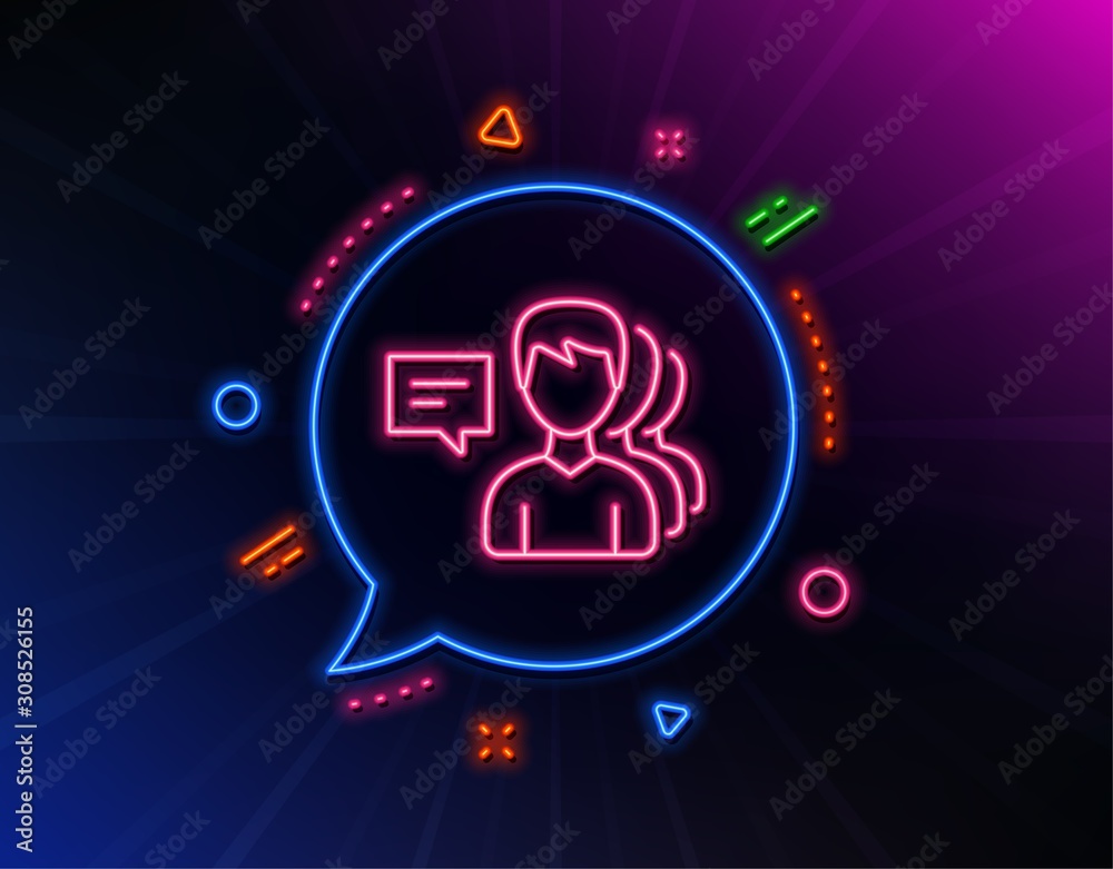 Group of Men line icon. Neon laser lights. Human communication symbol. Teamwork sign. Glow laser speech bubble. Neon lights chat bubble. Banner badge with people icon. Vector Group of Men line icon. Neon laser lights. Human communication symbol. Teamwork sign. Glow laser speech bubble. Neon lights chat bubble. Banner badge with people icon. Vector