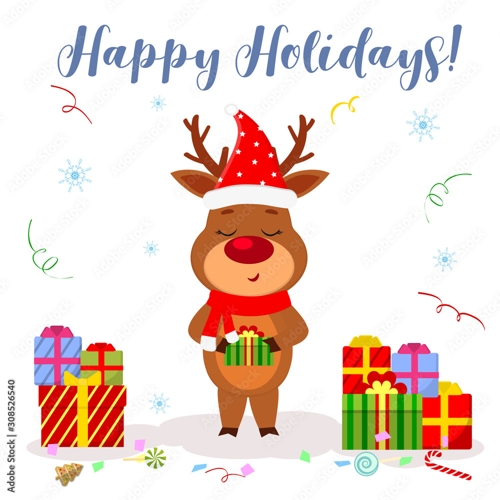 Merry Christmas and Happy New Year 2020 greeting card. Cute reindeer in a hat and a Santa scarf holds a box with a gift on a background of snowflakes and serpentine. Cartoon Style, Vector Merry Christmas and Happy New Year 2020 greeting card. Cute reindeer in a hat and a Santa scarf holds a box with a gift on a background of snowflakes and serpentine. Cartoon Style, Vector