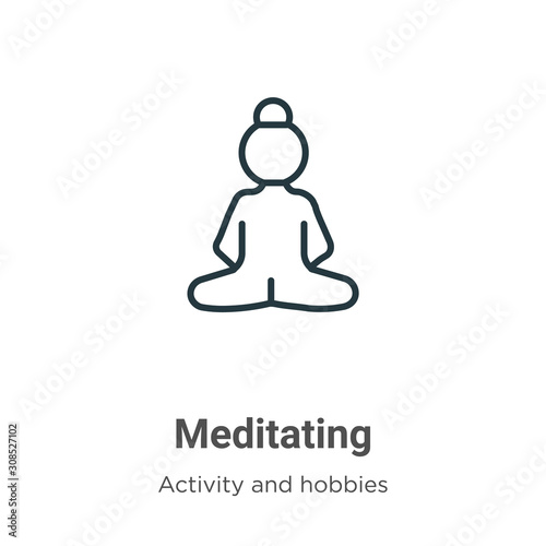 Meditating outline vector icon. Thin line black meditating icon, flat vector simple element illustration from editable activity and hobbies concept isolated on white background