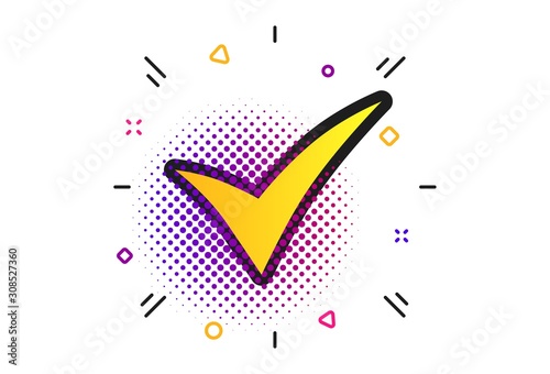 Check sign icon. Halftone dots pattern. Yes symbol. Confirm. Classic flat tick icon. Vector