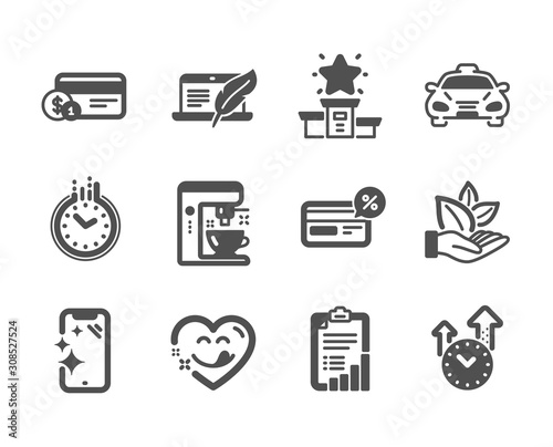 Set of Technology icons, such as Cashback, Taxi, Yummy smile, Checklist, Coffee maker, Winner podium, Time, Organic product, Copyright laptop, Smartphone clean, Time management. Cashback icon. Vector