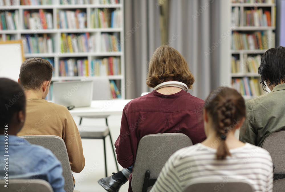 Rear view of group of young people sitting on chairs and working in the library Rear view of group of young people sitting on chairs and working in the library